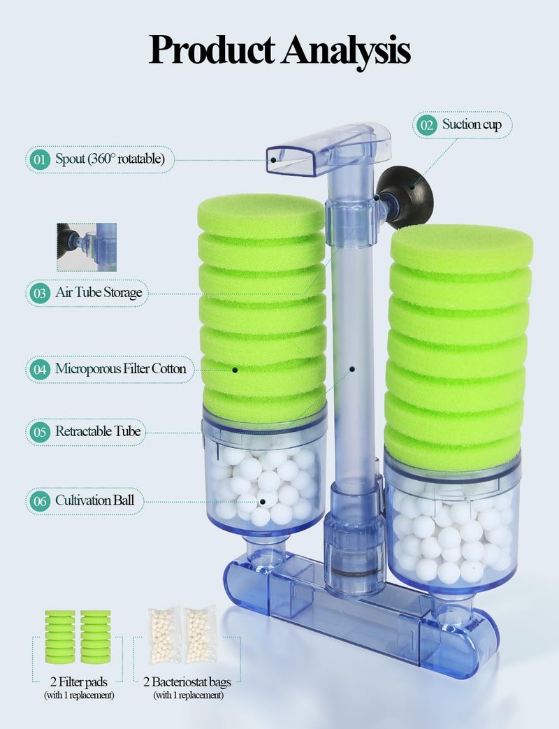 UPETTOOLS Aquarium Biochemical Sponge Filterï¼ˆMï¼‰, Ultra Quite Aquarium Air Pump Double Head Bio Sponge Fish Tank Foam Filter,15-50 Gallon - Image 3